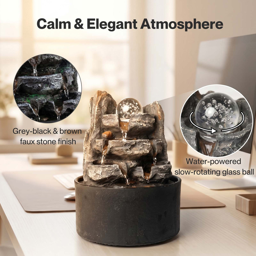 Spector Grey Brown Resin Tabletop Water Fountain with Rotating Glass Ball Image 4
