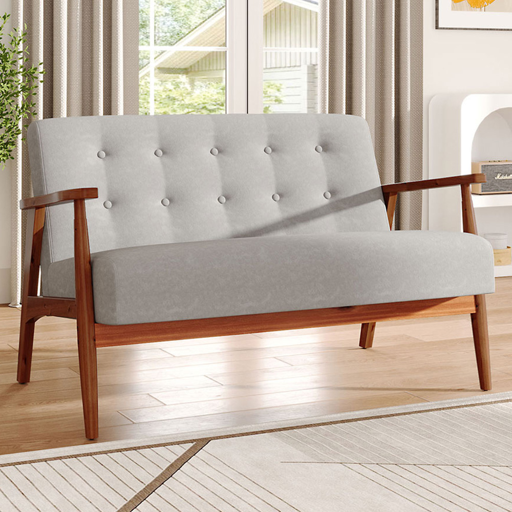 Living and Home 2 Seater Walnut and Light Grey Upholstered Tufted Sofa Image 1