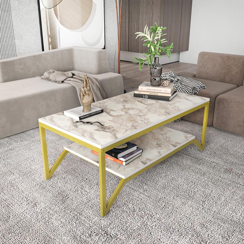 Decorotika Flora Single Shelf White Marble and Gold Modern Coffee Table Image 4