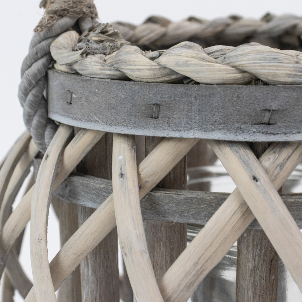 JVL Luna Grey Wash Natural Willow Wood Round Lantern with Braided Rope Handle Image 4