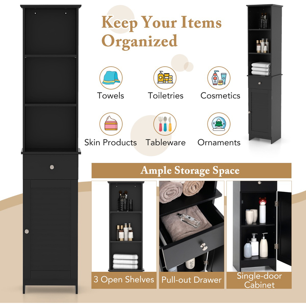 Costway Single Door Single Drawer 3 Shelf Black Tall Bathroom Cabinet Image 7