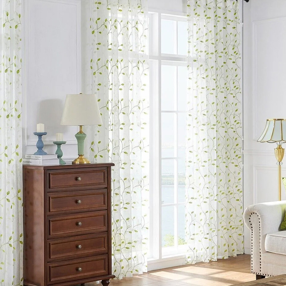 Living and Home Green Vine Embroidered Semi-Sheer 2 Panel Curtains 130 x 210cm Image 1
