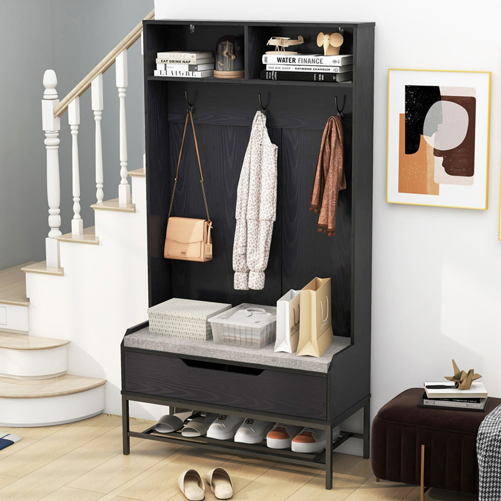 Costway 4 in 1 Black Coat Rack with Seat Cushion Image 2