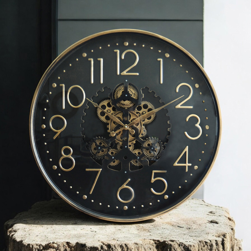 Acacia Home Black Round Gear Wall Clock 60cm Image 2