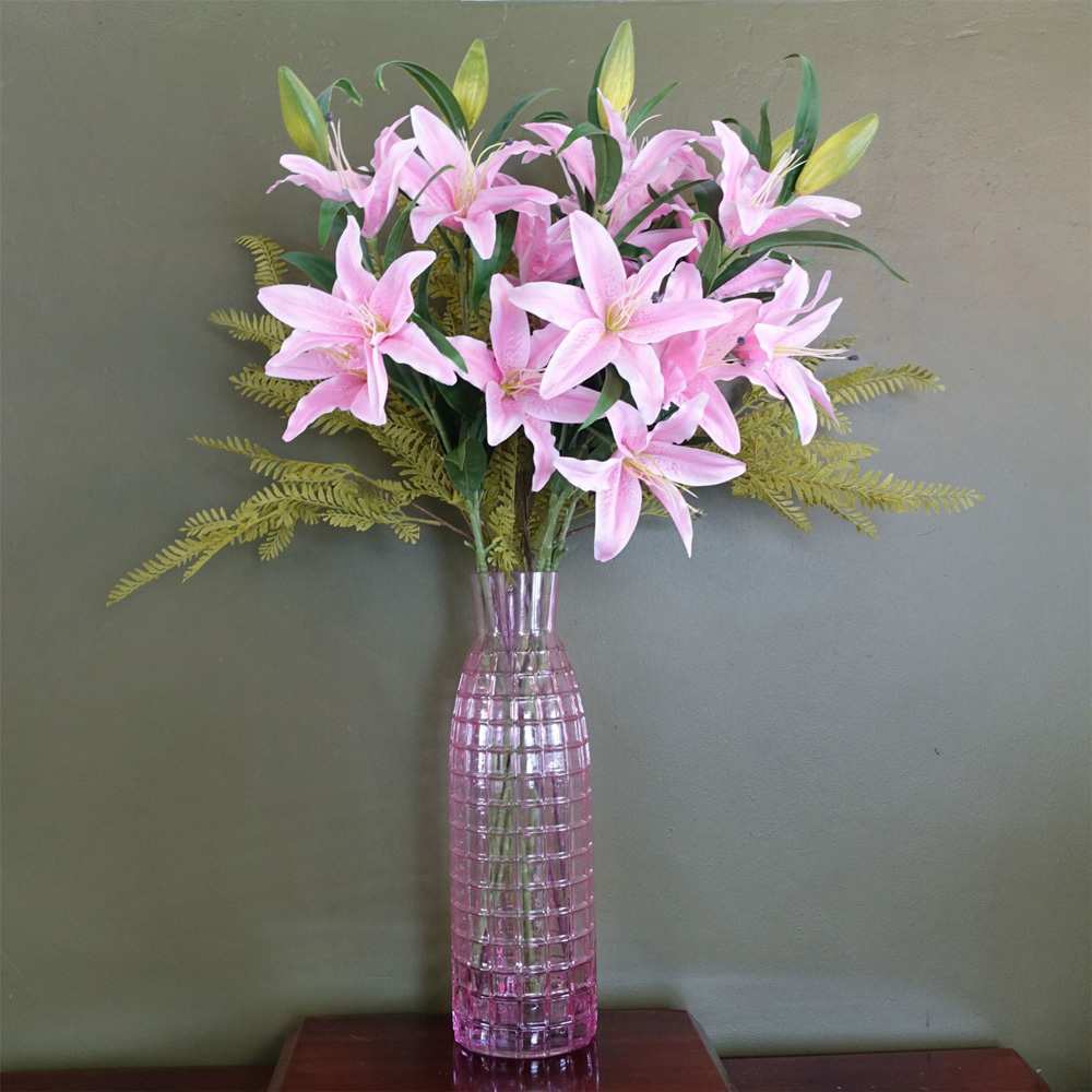 Leaf Pink Lily and Fern Artificial Flower Bundle with Glass Vase 100cm 8 Pack Image 2
