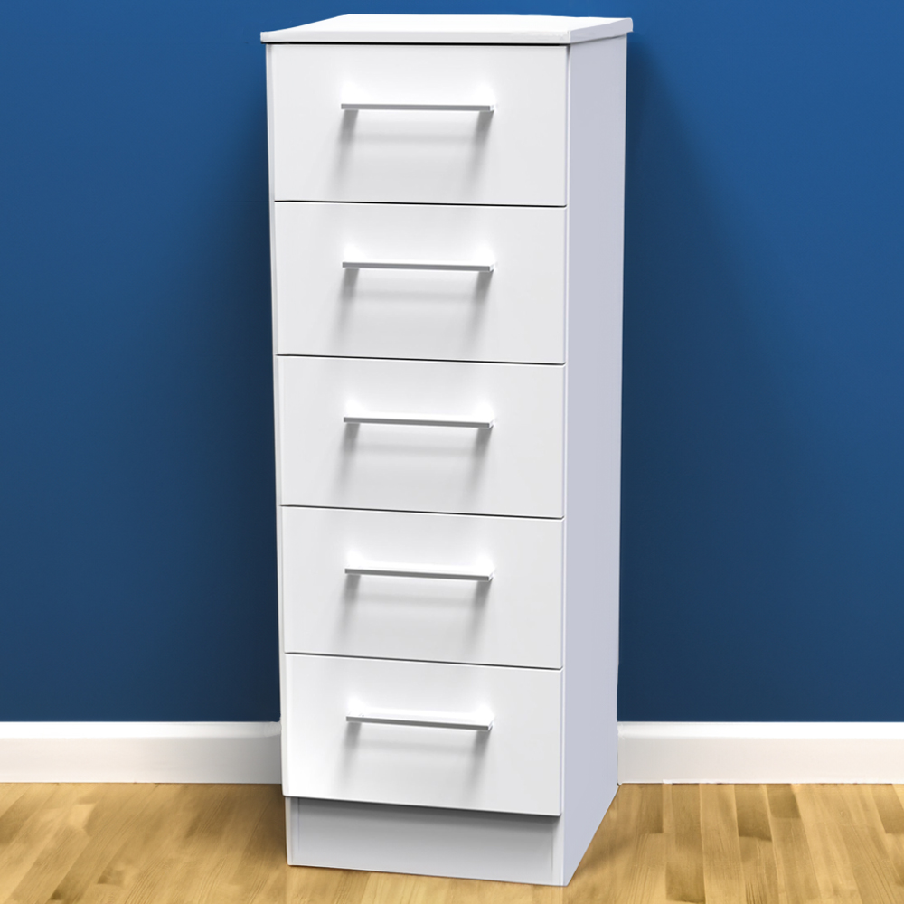 Crowndale Worcester 5 Drawer White Gloss Tall Chest of Drawers Ready Assembled Image 1