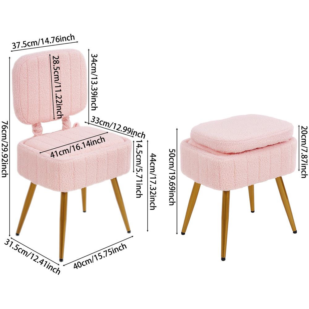 Living and Home Pink Teddy Fleece Foldable Backrest Vanity Chair with Hidden Storage Image 9