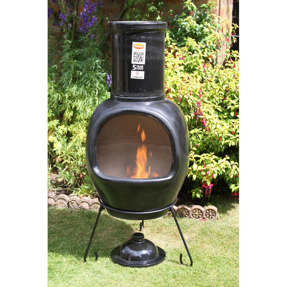 Gardeco Asteria Extra Large Glazed Black Chimalin AFC Chimenea with Stand and Lid Image 4