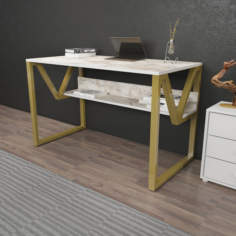 Decorotika Lona Single Shelf Study and Writing Desk White Marble Effect and Gold Image 4