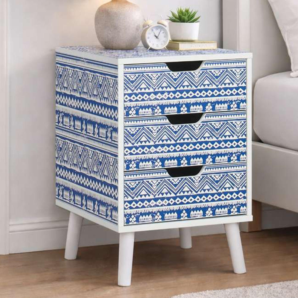 Birlea Santorini 3 Drawer Blue and White Bedside Table Image 1