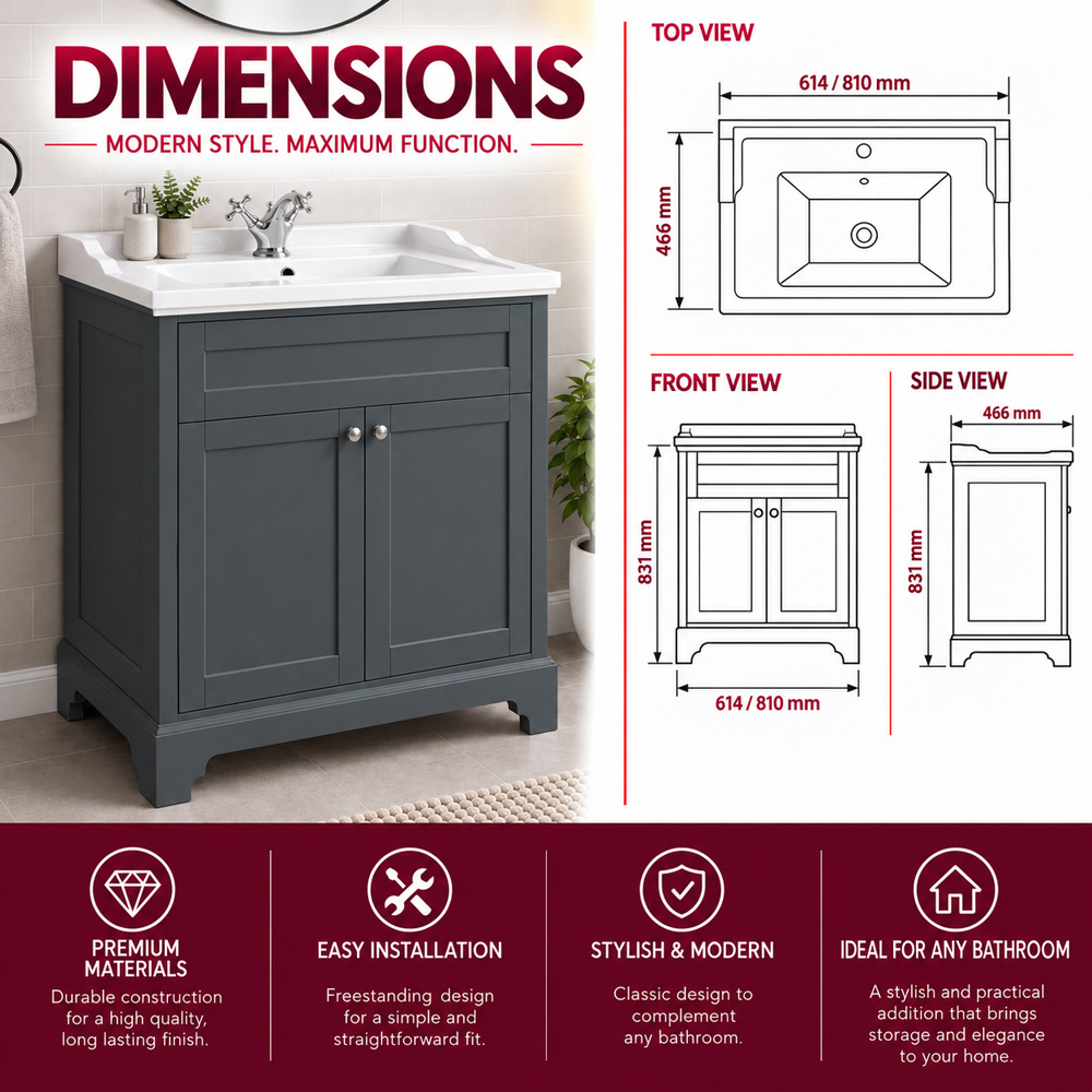 Go Bathrooms Arundel 2 Door Midnight Grey Traditional Floorstanding Vanity Unit 800mm Image 8