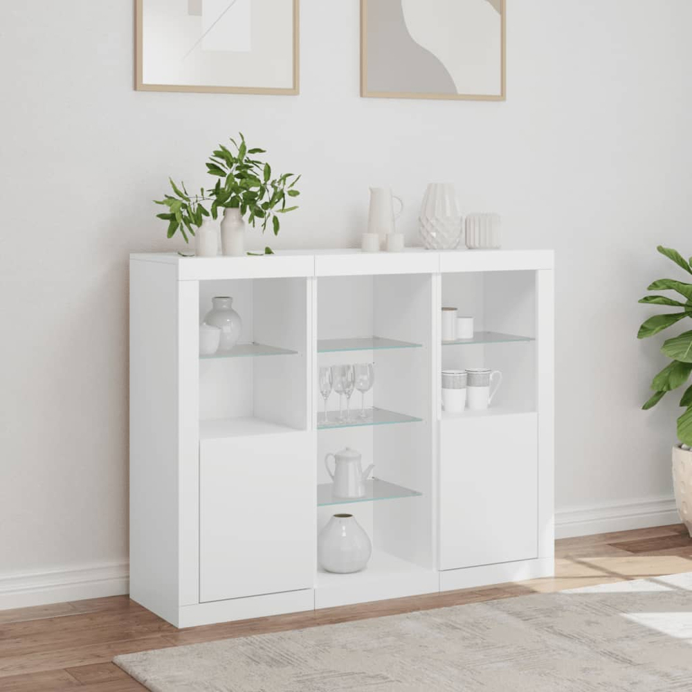 vidaXL 2 Door 8 Shelf White LED Sideboard 3 Piece Image 9
