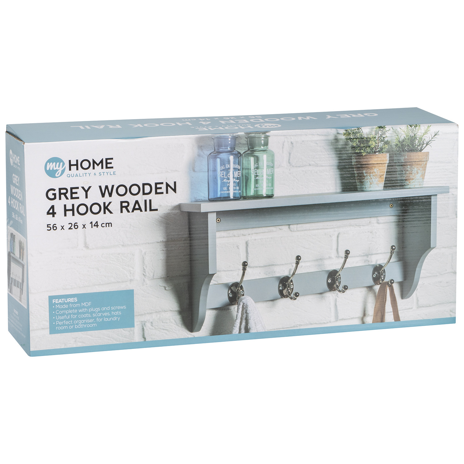 Grey 4 Hook Wooden Coat Rail with Shelf Image 4
