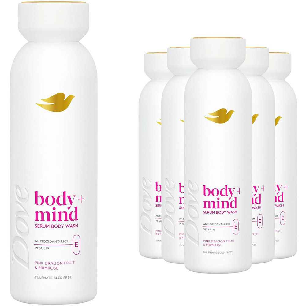 Dove Body+Mind Pink Dragon Fruit and Primrose Vitamin E Serum Body Wash 350ml 6 Pack Image 1