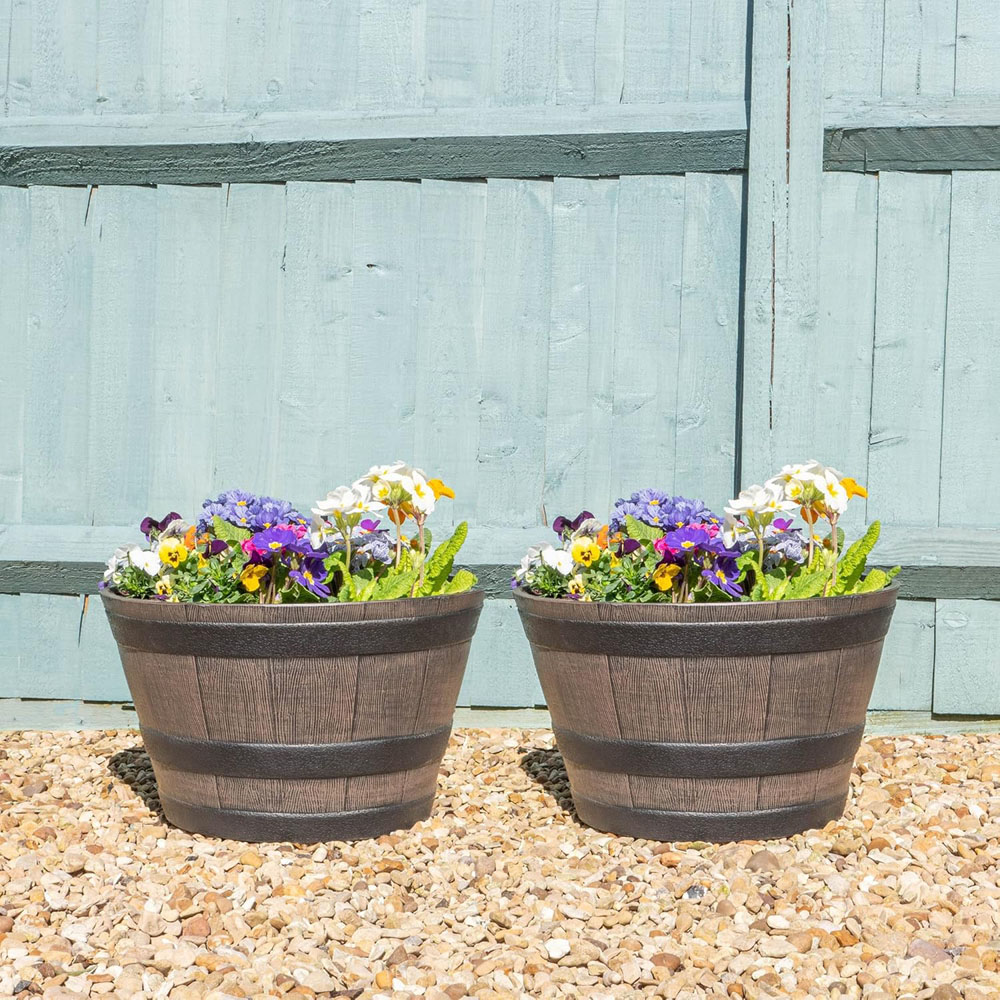Garden Gear Medium Wooden Barrel Effect Planter 2 Pack Image 2