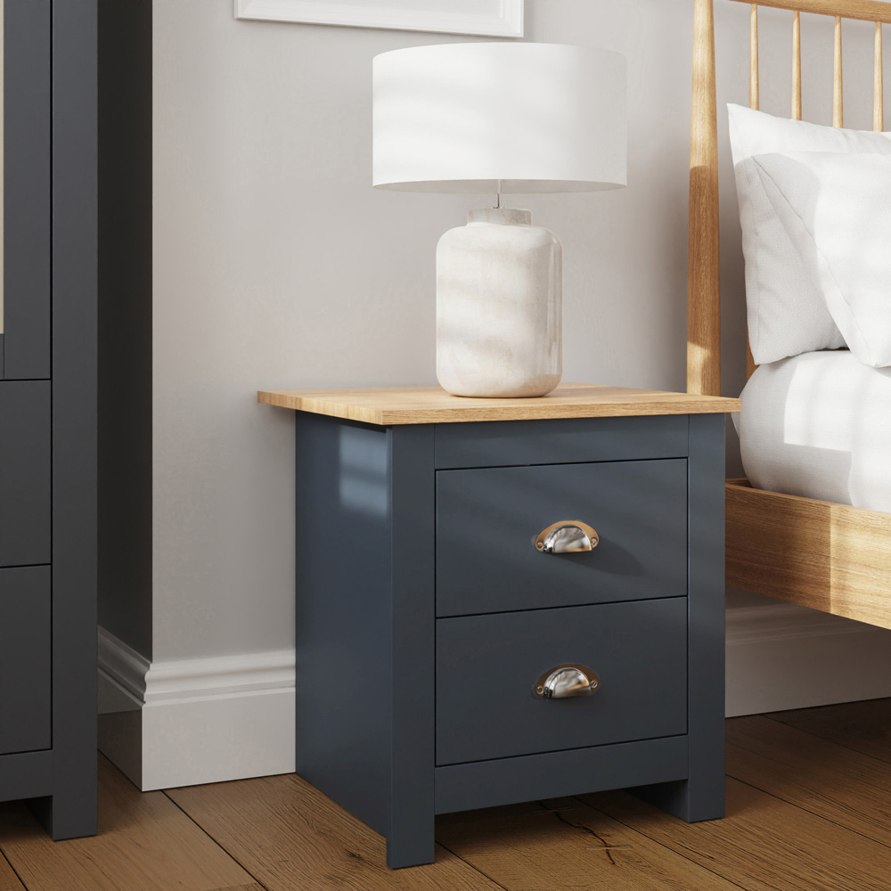 GFW Lancaster 2 Drawer Slate Blue Bedside Table with Oak Effect Top Image 7