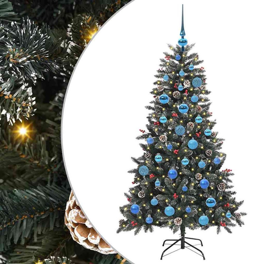 vidaXL Pre-Lit Blue Bauble Pinecones Berries Green Snow Flocked Artificial Christmas Tree 5ft Image 6
