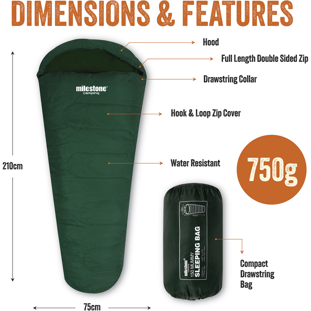 Milestone Camping 2 Seasons Single Green Mummy Sleeping Bag Image 9
