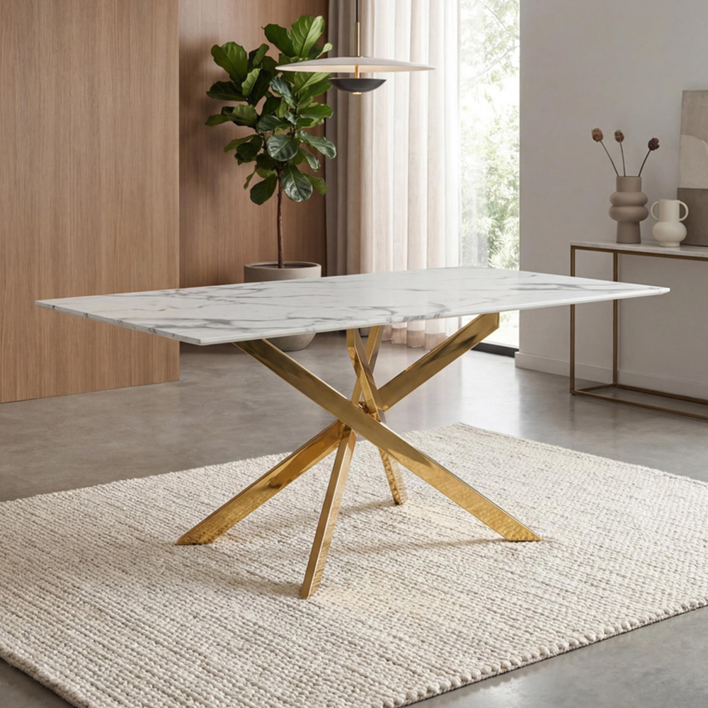 wilko Monaco 4 Seater Marble Glass Dining Table Gold and White Image 1