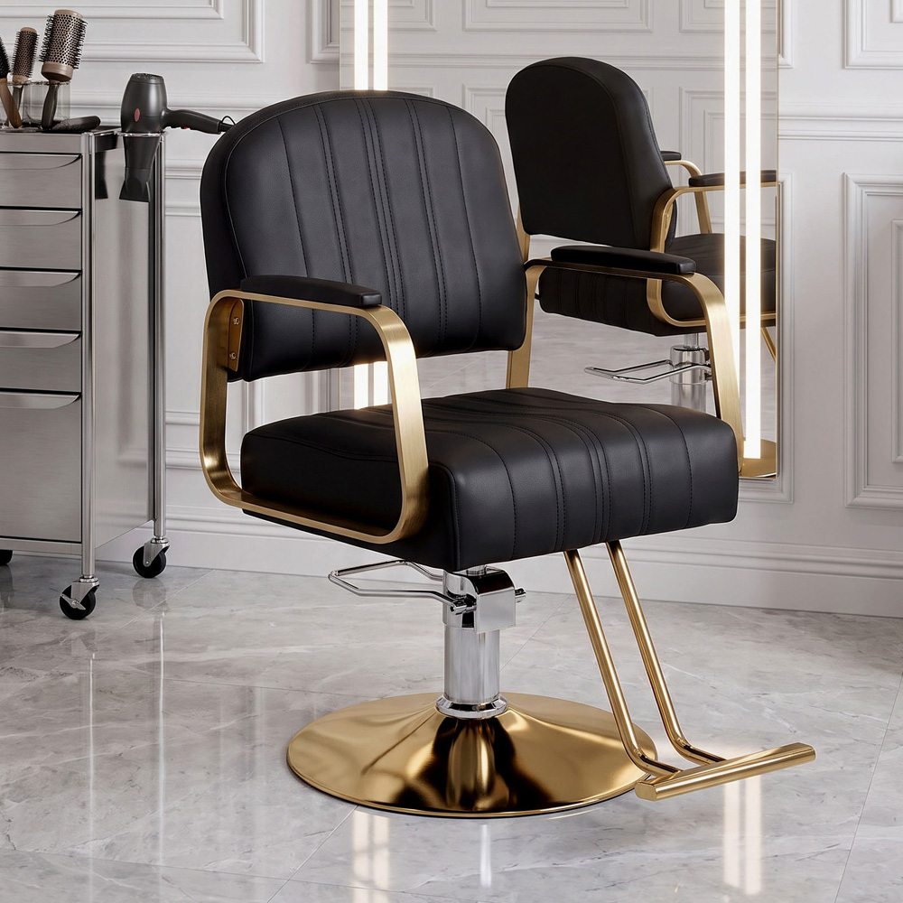 Living and Home Black and Gold Swivel Base Salon Barber Chair with Hydraulic Lift Image 8