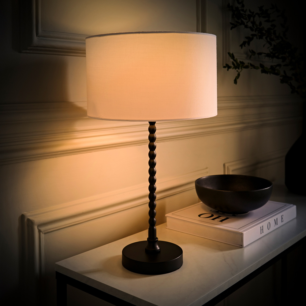 ValueLights Maeve White and Matte Black Fabric Drum Shade Bobbin Bobble Table Lamp and Bulb Image 6