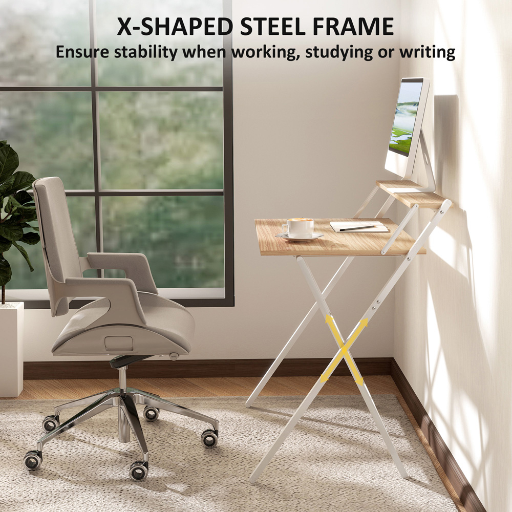 HOMCOM 2 Shelf Foldable Computer Desk Natural Image 6