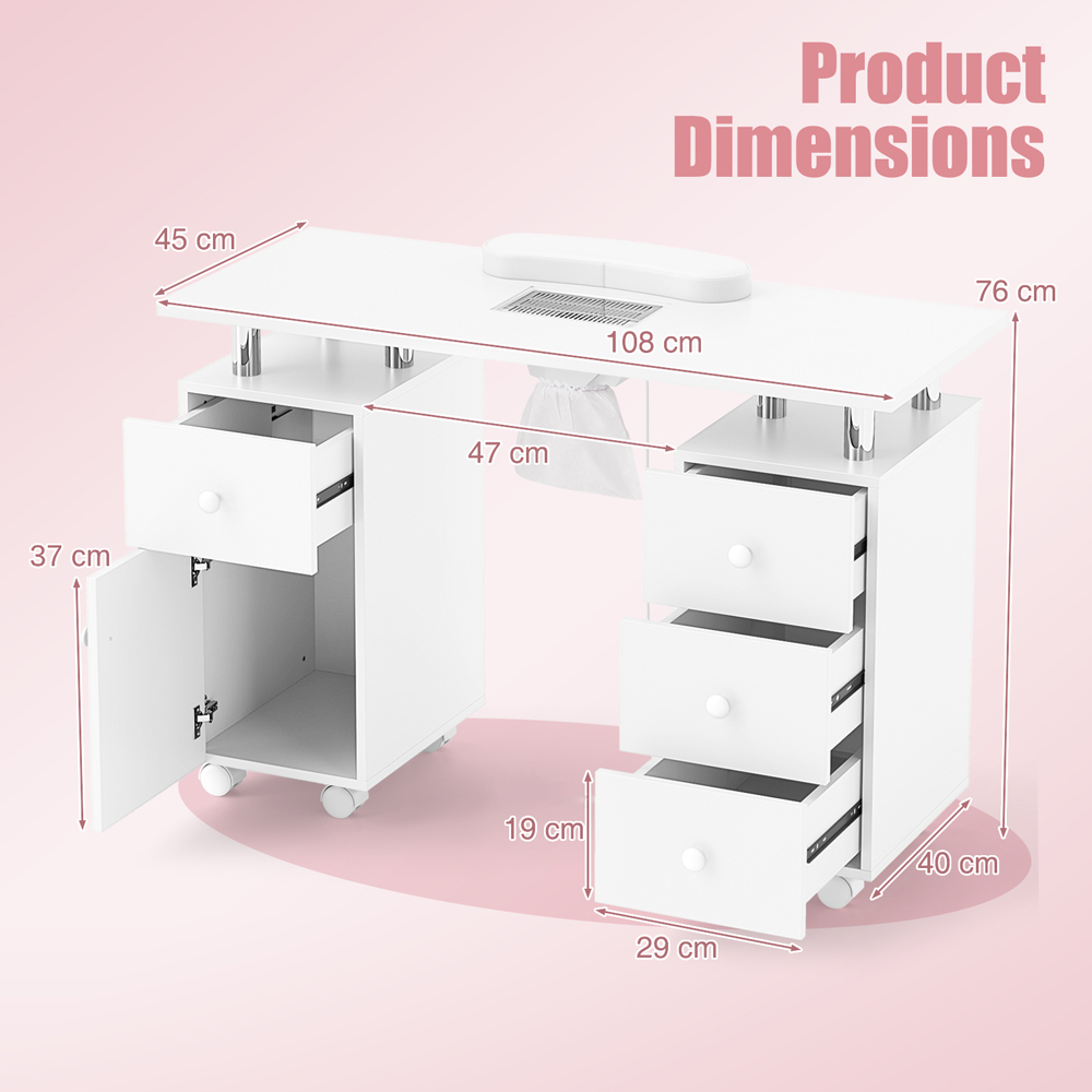 Costway White Manicure Nail Table with Electric Dust Collector Image 9