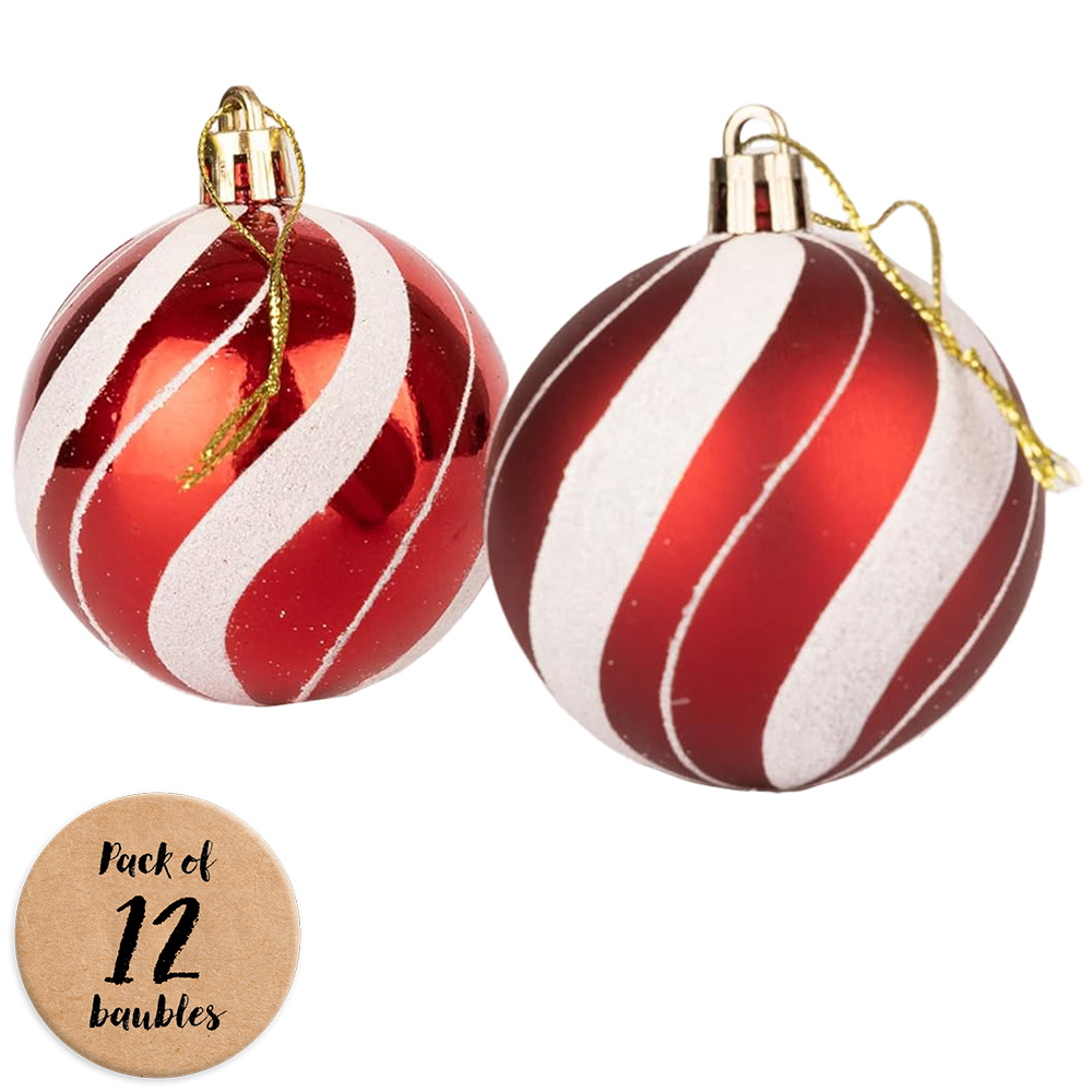 Shatchi Red and White 5cm Candy Strips Shatterproof Bauble 12 Pack Image 1