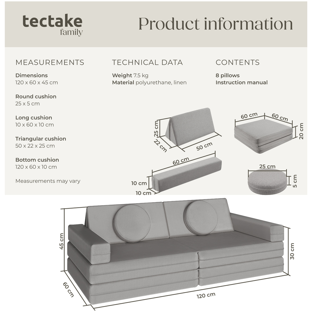 tectake Lilly Grey 8 Piece Thick Padding Kids Sofa Image 9