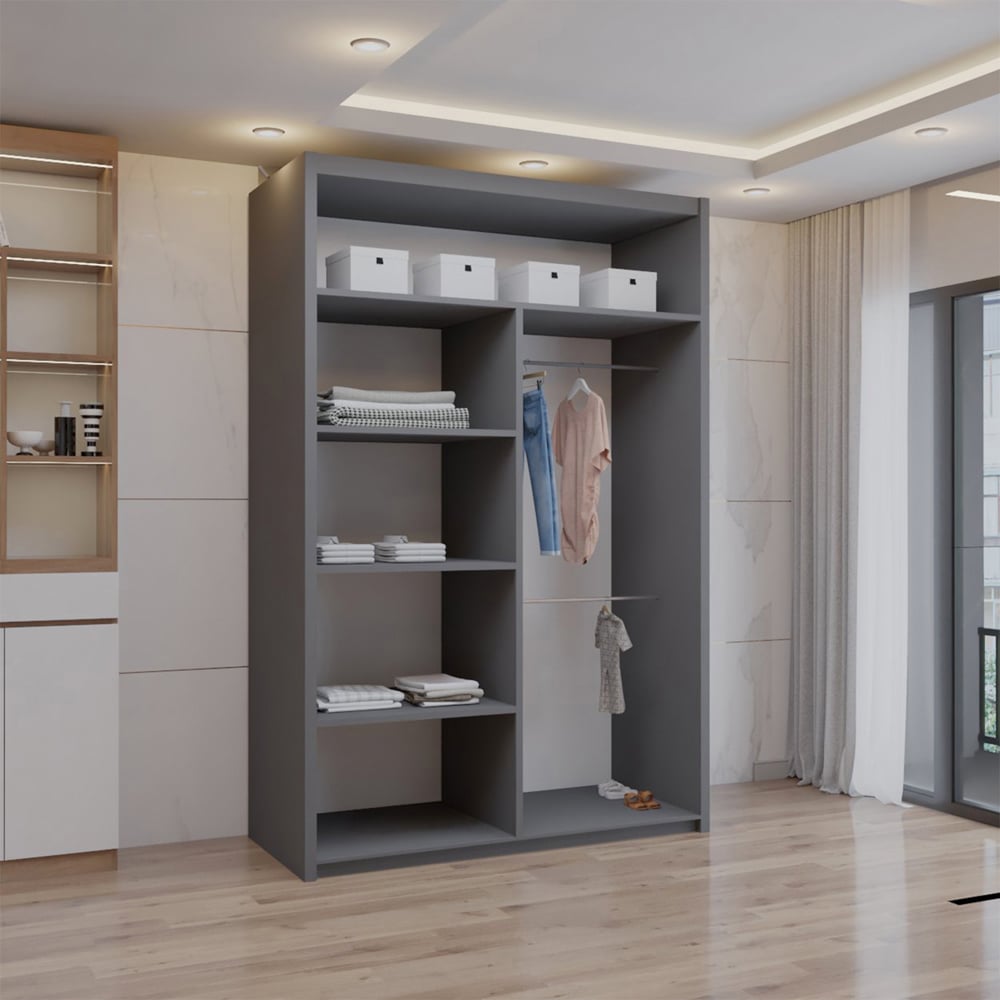 Double Mirror Sliding Door Wardrobe with Adjustable Shelves and Hanging Rails - Grey 120cm Image 2