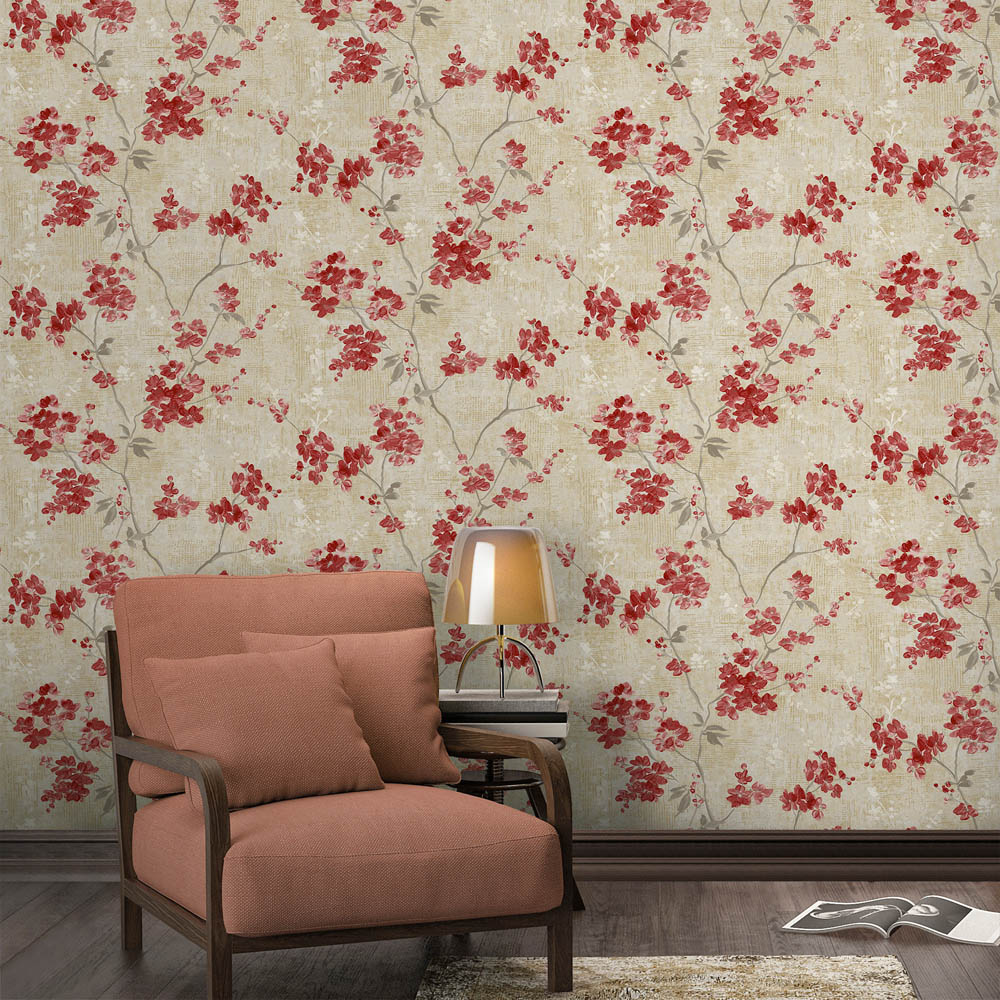 Paul Moneypenny Blossom Trail Textured Red Anethe Neutral Wallpaper for Grandeco Image 3