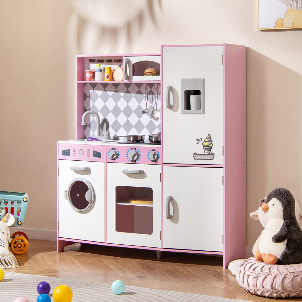 Costway Kids Pink Kitchen Play Set with Ice Maker and Cooking Stove Image 2