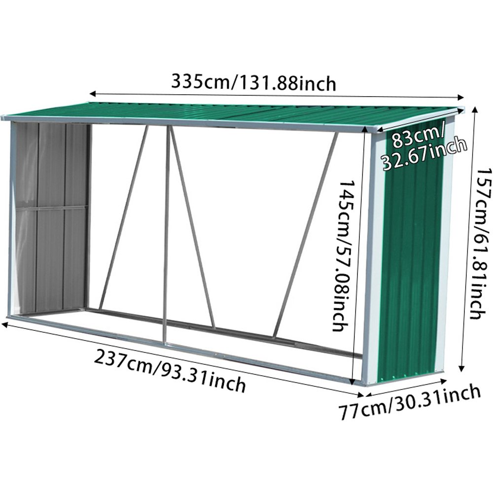 Living and Home 11 x 2.7ft Green Zinc Steel Garden Log Storage Shed Image 6