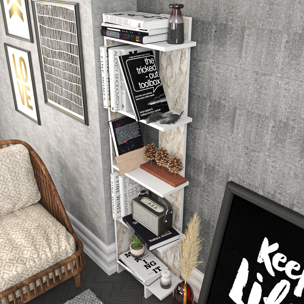 Decorotika Alis 5 Tier White Marble Effect and White Corner Bookcase Image 5