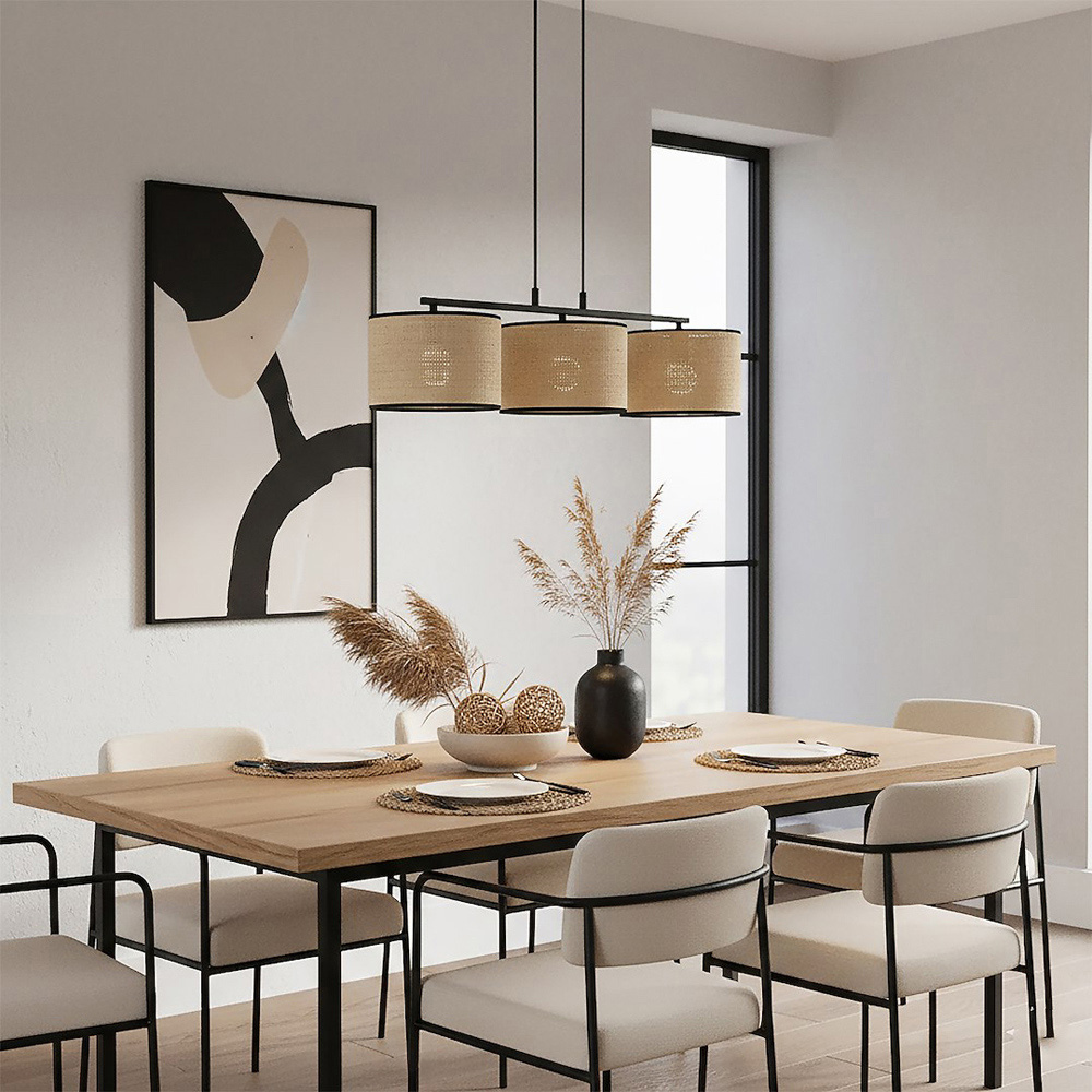 Emibig Eco 3 Light Rattan Cylindrical Shade Black E27 Ceiling Pendant Light Image 5