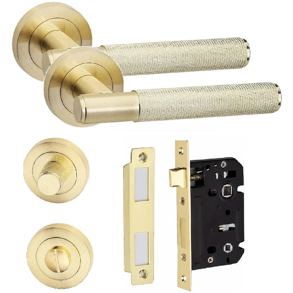 Golden Grace Knurled T-Bar Satin Brass Bathroom Door Handle Mortise Lock and Thumbturn Set Image 1