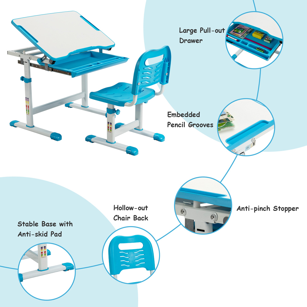 Costway Adjustable Blue Kids Study Table and Chair Set Image 4