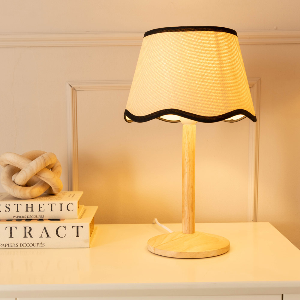 ValueLights Triston Scallop Black Edge Shade Natural Light Wood Stem LED Table Lamp Image 2