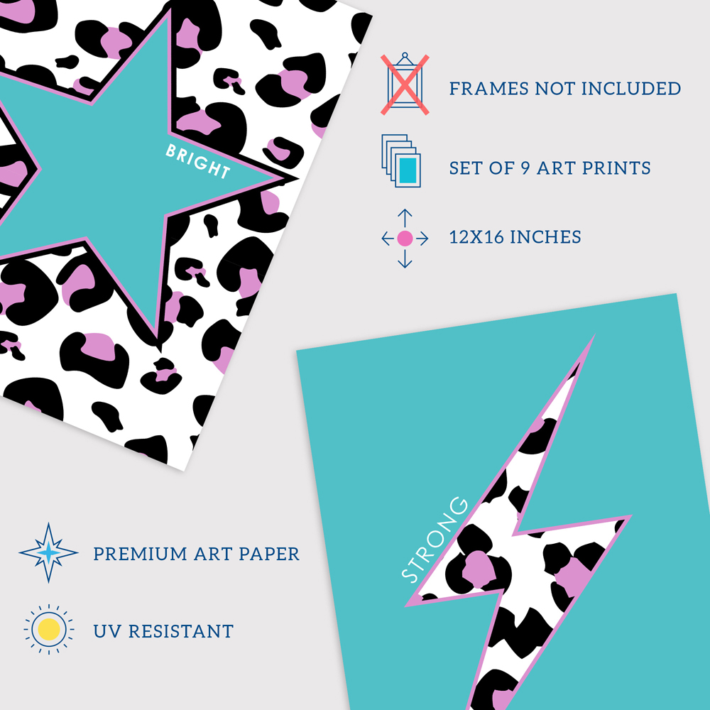 Wee Blue Coo Turquoise Purple Leopard Pattern Heart Lightning Star Wall Art Print 30 x 41cm 9 Pack Image 4