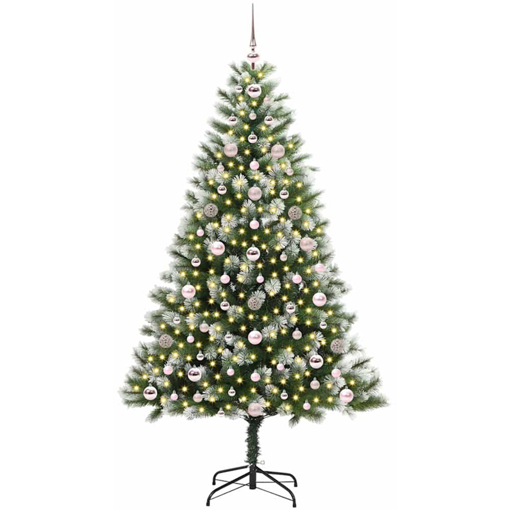 vidaXL Pre-Lit Pink Baubles Green Artificial Snow Tipped Hinged Christmas Tree 6ft Image 1