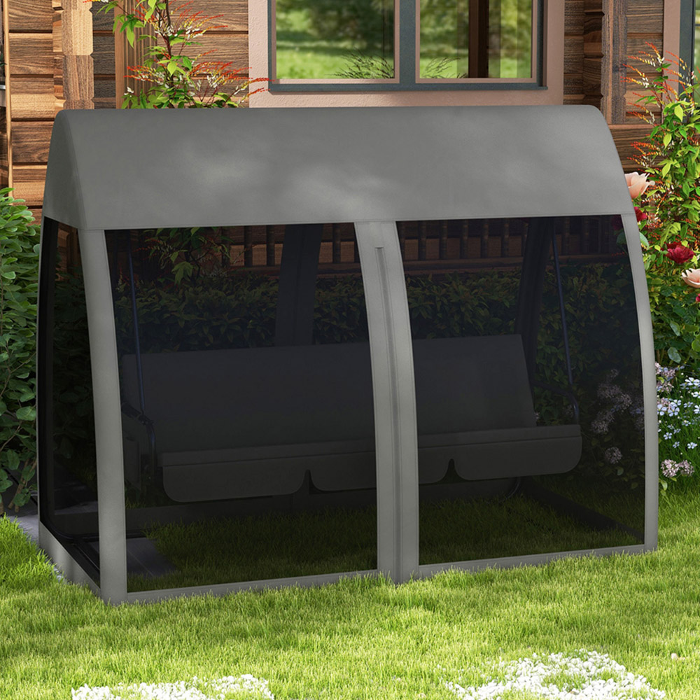 Outsunny 3 Seater Grey Garden Swing Chair with Mesh Canopy Image 1