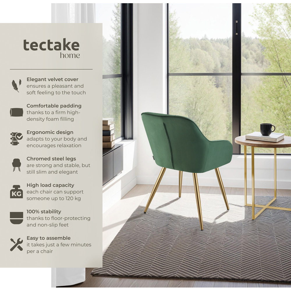 tectake Marilyn Set of 2 Dark Green and Gold Quilted Velvet Dining Chair Image 6