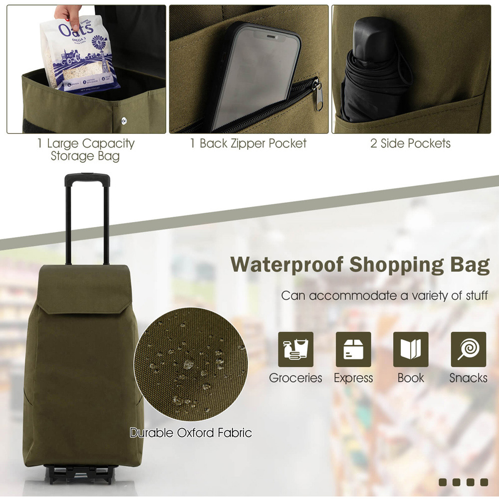 Costway 2 in 1 Olive Green Foldable Shopping Trolley Bag Image 6