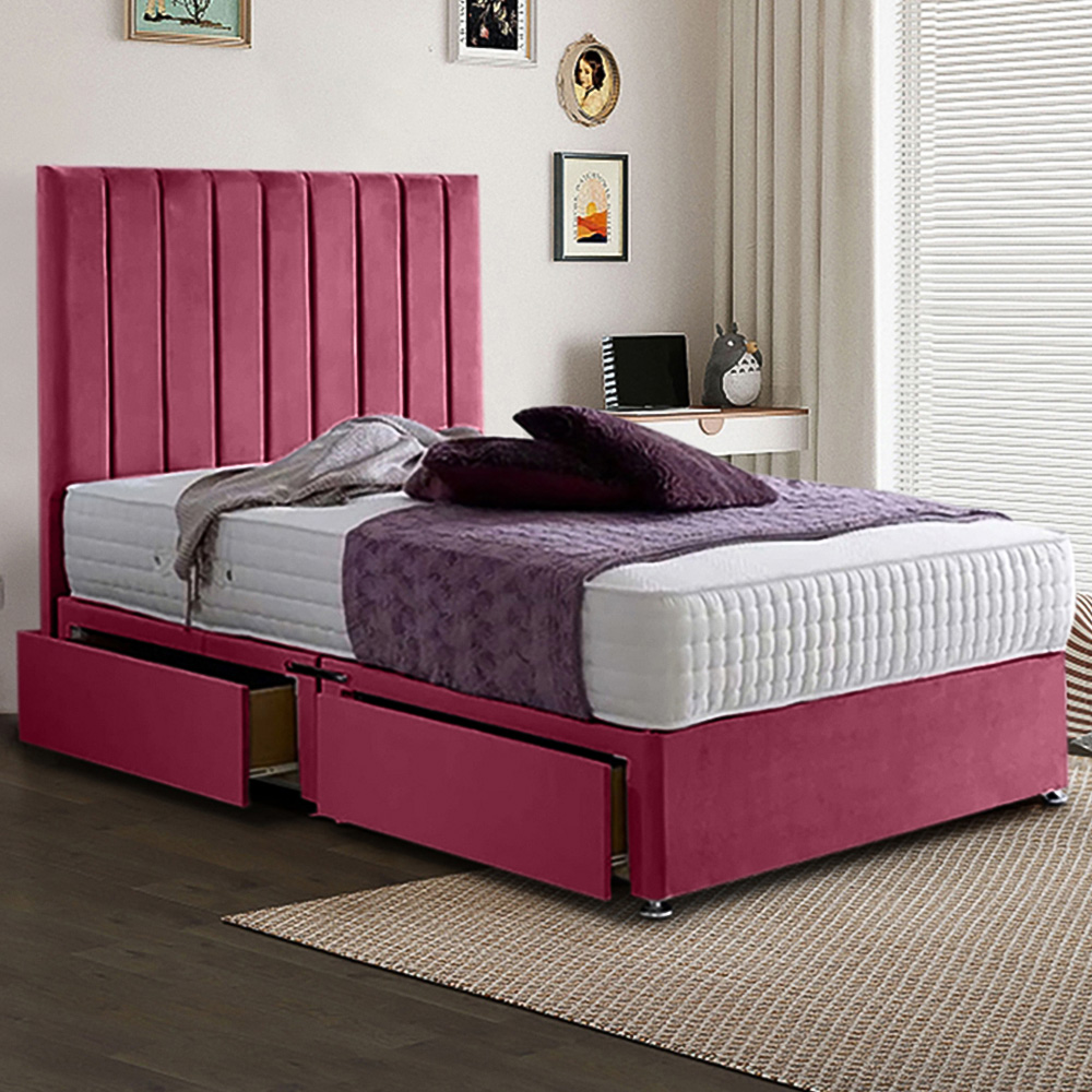 Eleganza Home Sleepytime Single Maroon Plush Velvet 2 Drawer Divan Bed with Headboard Image 1