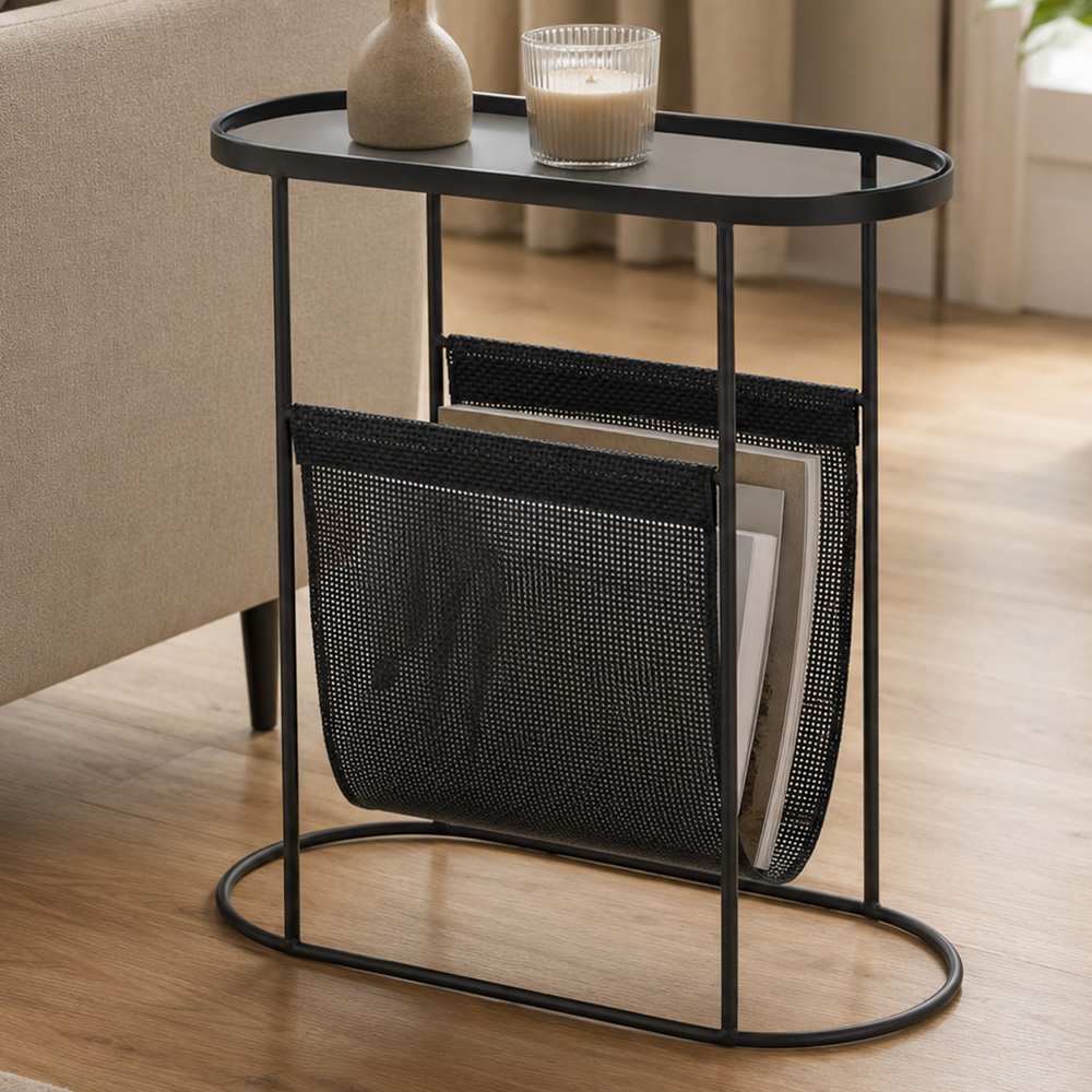 Premier Housewares Black Glass Tabletop Side Table with Magazine Holder Image 1