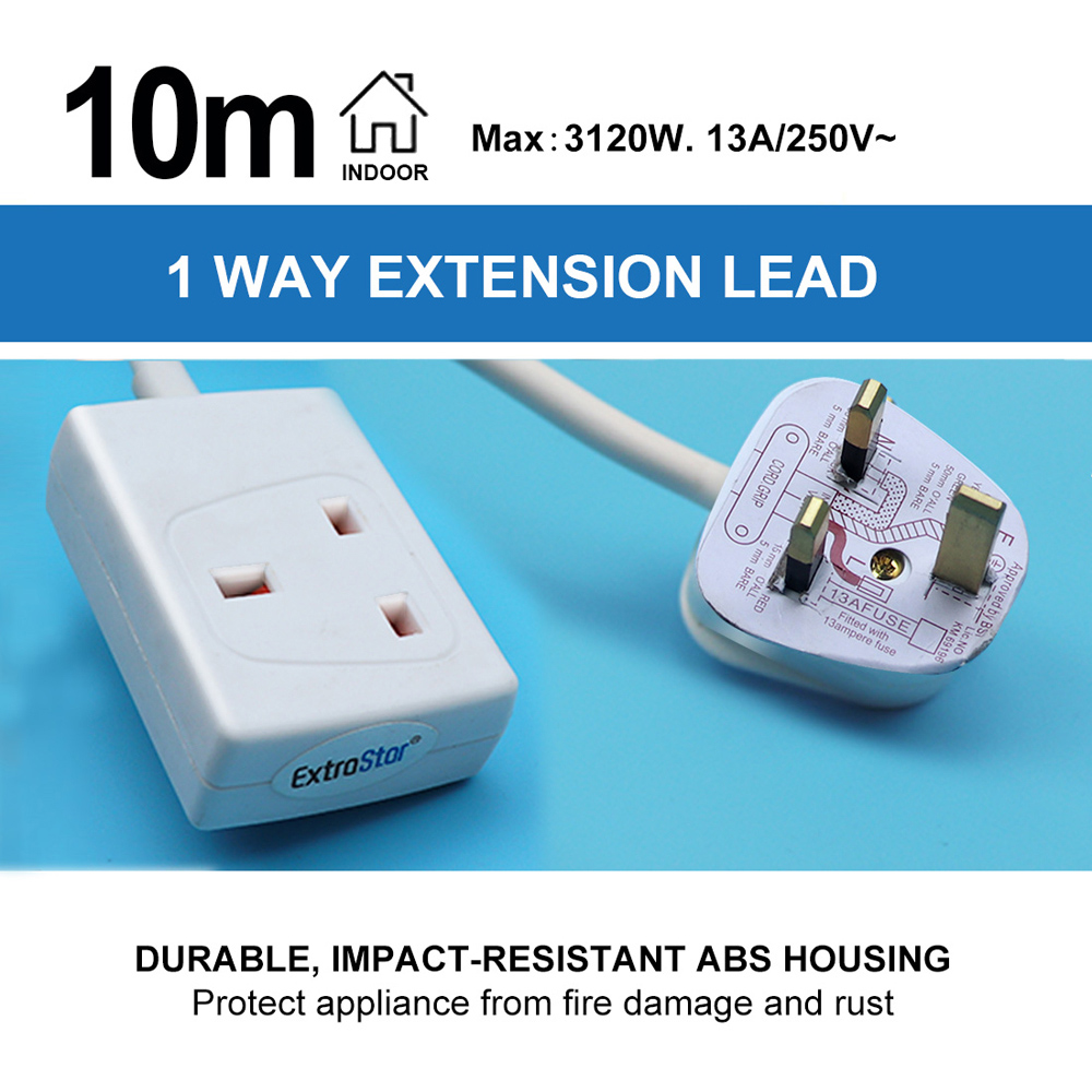 ExtraStar 13A 10m Single Socket White Extension Lead with Cable Image 3