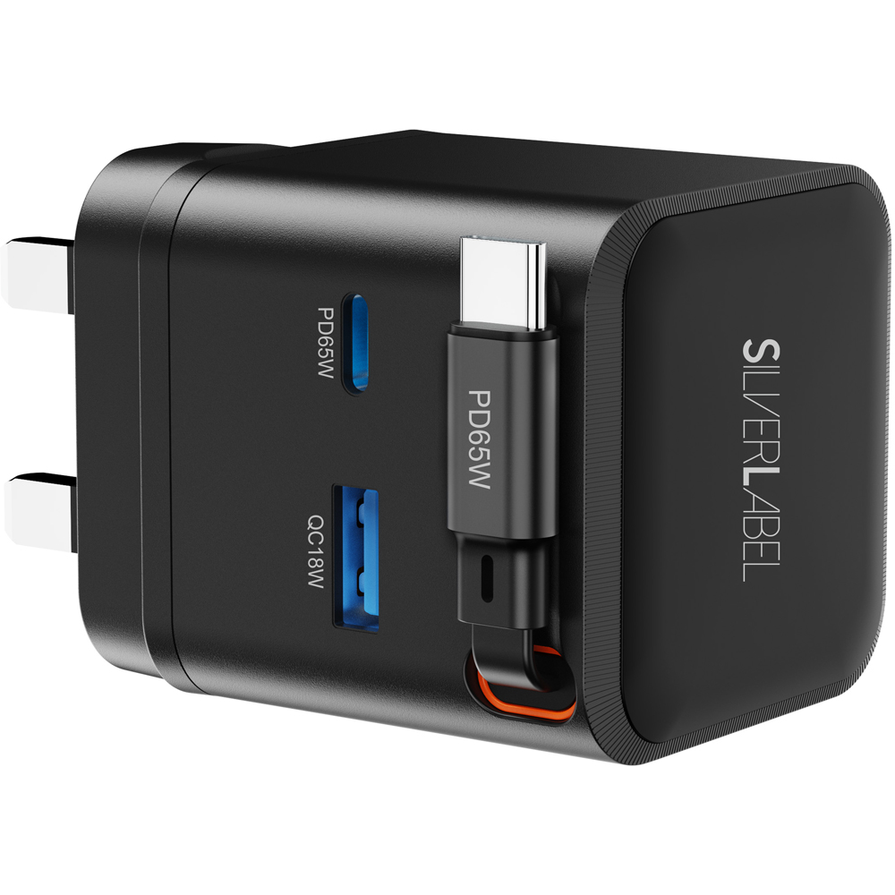 SilverLabel 65W Black GaN Dual USB-A/C Mains Plug with USB-C Cable Image 2