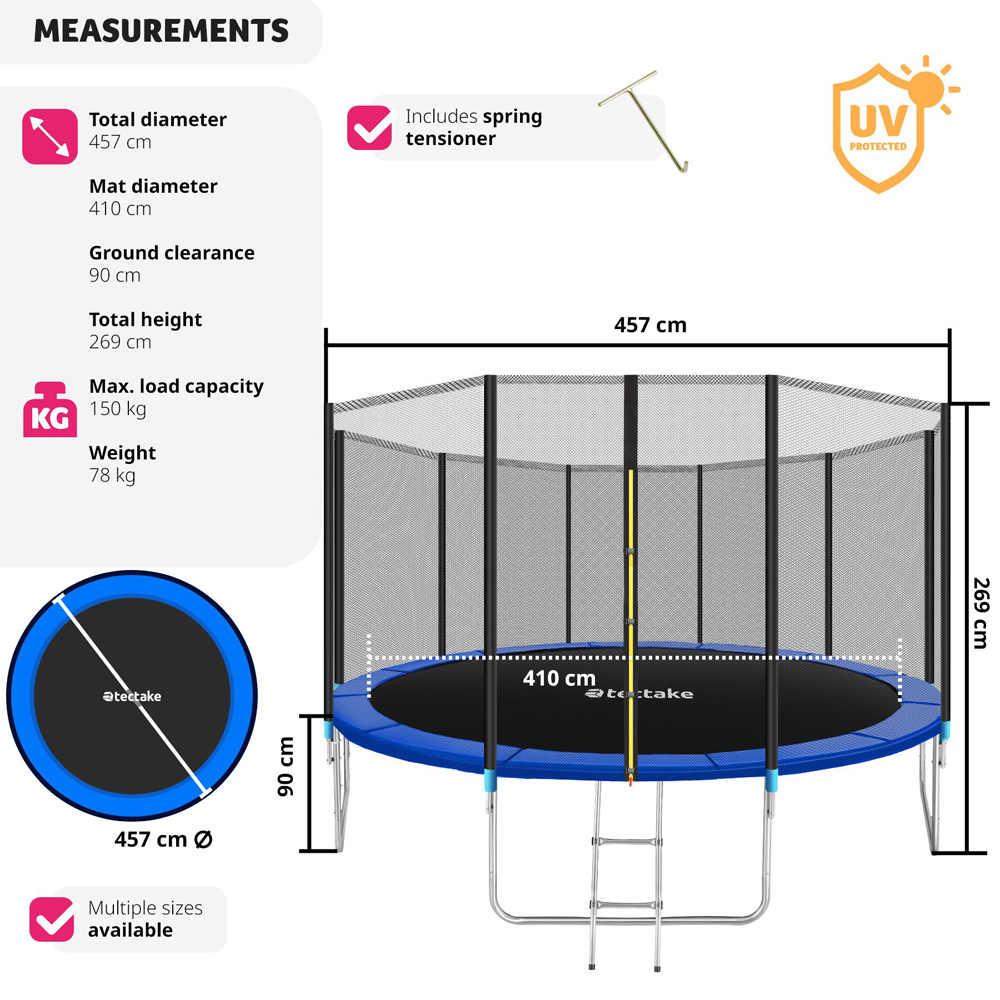 tectake Black and Blue Trampoline with Safety Net 457 x 457cm Image 9