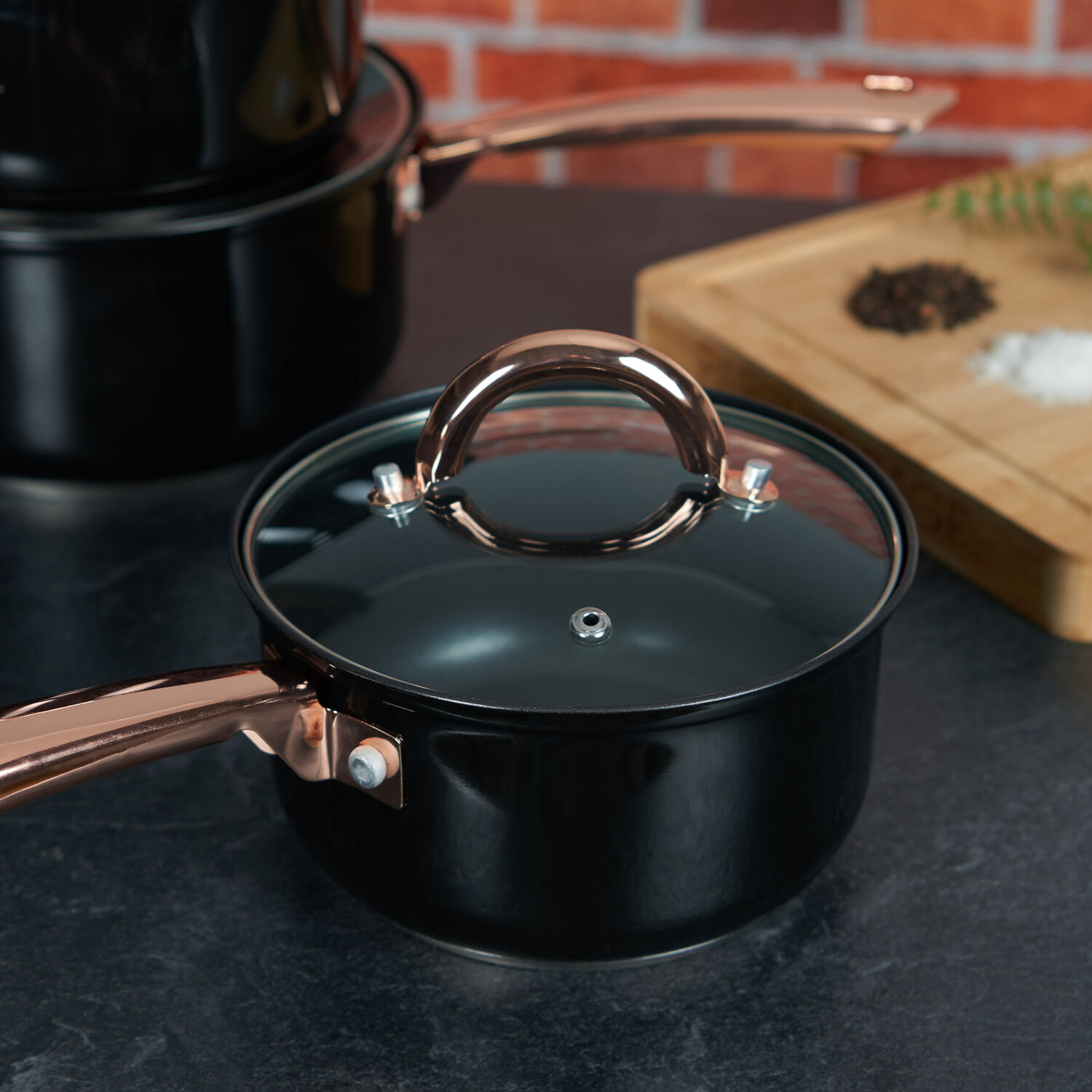 Brooklyn Black and Rose Gold Stainless Steel Non-Stick Saucepan Set of 3 Image 4