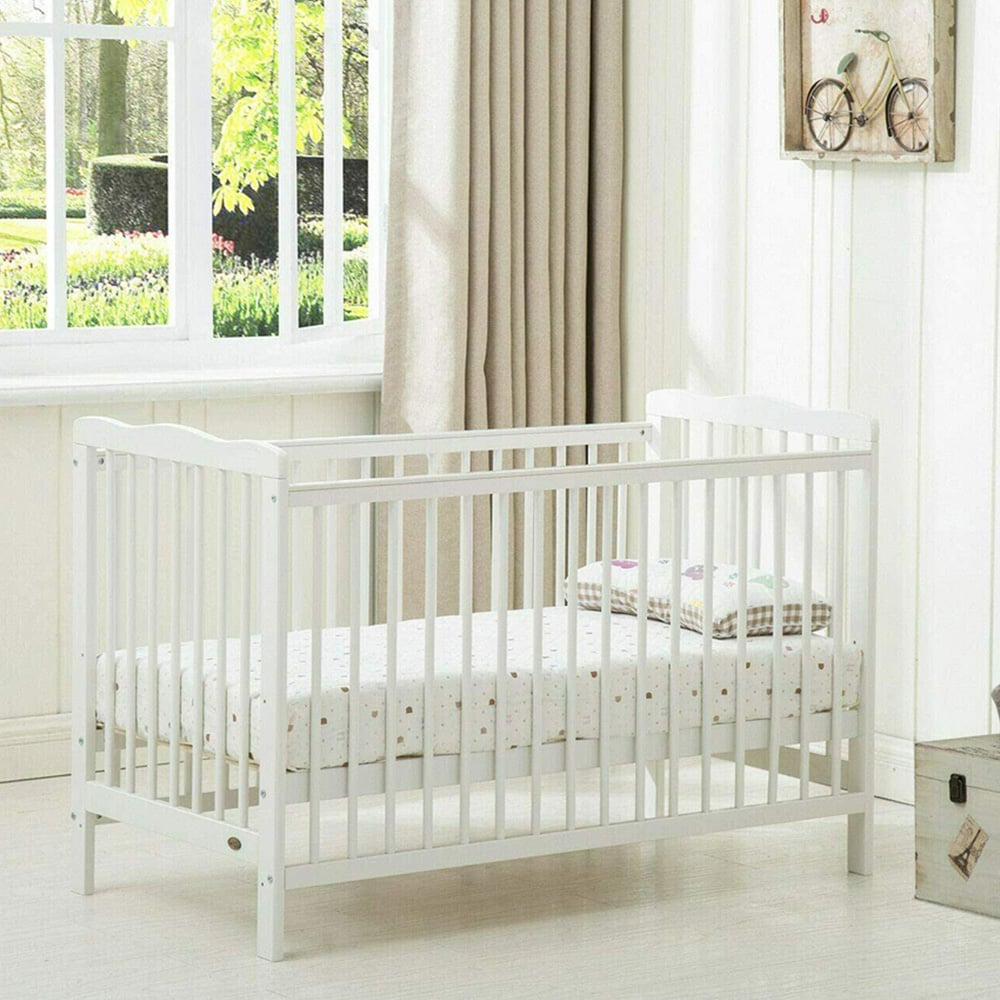 wilko Brooklyn White Height Adjustable Wooden Baby Cot Crib with Mattress Image 2